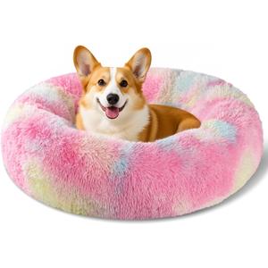 Dog Calming Beds for Small Medium Large Dogs - Round Donut Washable Puppy Dog Bed, Anti-Slip Faux Fur Fluffy Donut Cuddle Anxiety Cat Pet Bed(28'' Color)