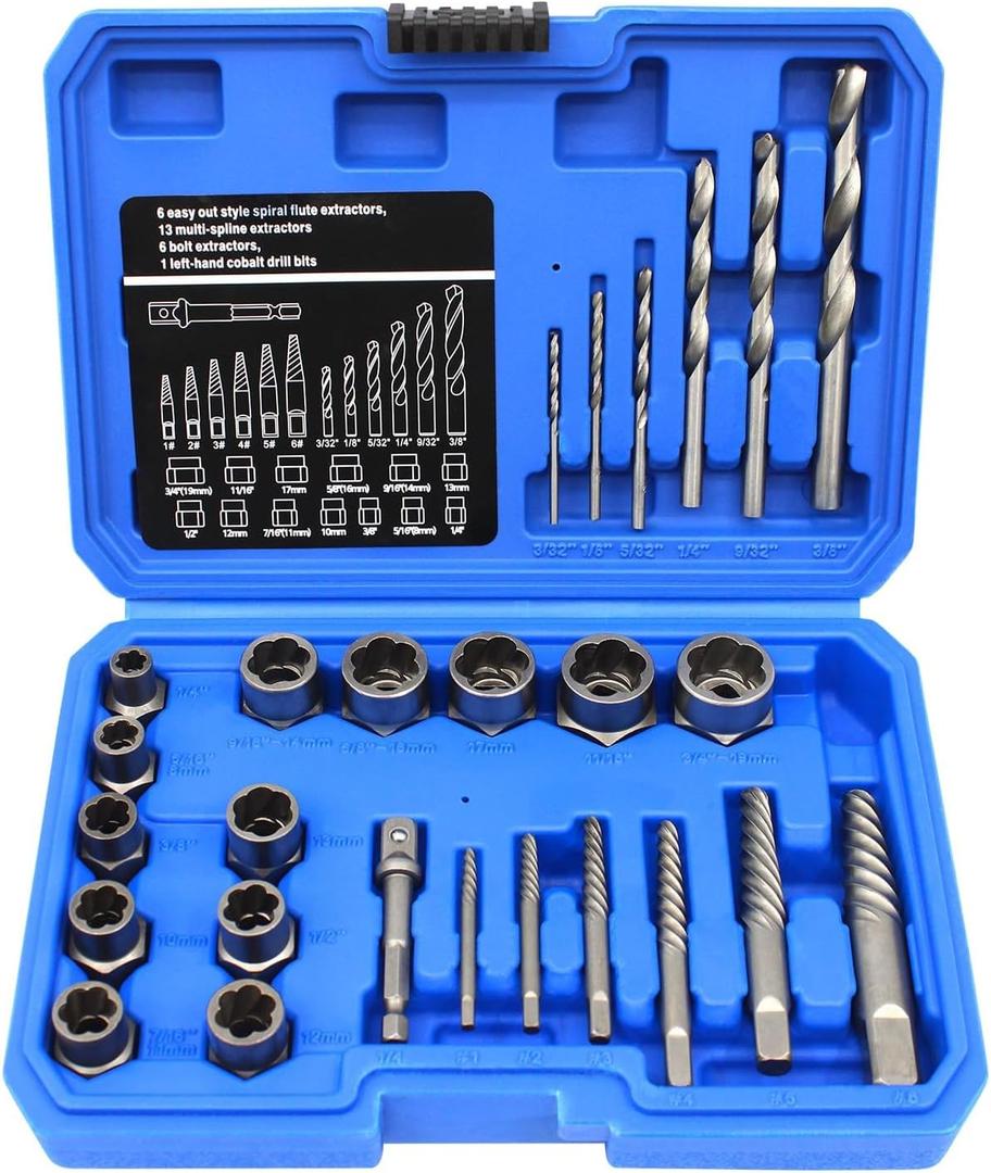 Screw Extractor Set, 26 Pieces Bolt Extractor Kit & Left Hand Drill Bit Kit, Easy Out Bolt Extractor Set with Hex Adapter for Broken, Damaged, Rusted, Rounded-Off Bolts, Nuts & Screws