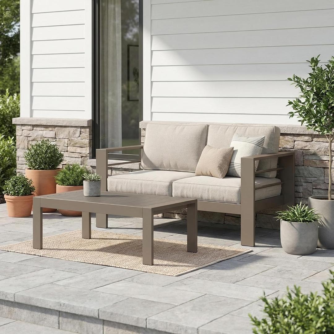 Wisteria Lane Metal Patio Furniture Set for All Weather, Oversized Heavy Duty Outdoor Furniture Set with Upgraded Cushion, Modern Outdoor Patio Loveseat Set for Garden, Balcony, Backyard, Kahki Gray