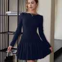 Women's Long Sleeve Mini Dress Sexy Boat Neck Pleated A-line Party Dresses (Blue, M)