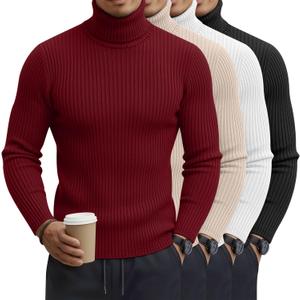 Velvelhall 4 Pack Men's Big and Tall Turtleneck Shirts, Cotton Ribbed Long Sleeve Slim Fit Mock Neck Light Pullover Sweaters(Wine Red, Apricot, White, Black, 4X-Large)