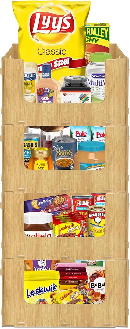 TidyFriend Wooden Stackable Storage Bins for Pantry Organizers and Storage 4 Pack, Pantry Storage for Food, Kitchen and Home Organization (Wood) TidyFriend Wooden Stackable Storage Bins for Pantry Organizers and Storage 4 Pack, Pantry Storage for Food, Kitchen and Home Organization (Wood)