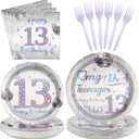 Grencian 96Pcs 13th Birthday Decorations for Girls Silver Disco Iridescent 13th Birthday Plates and Napkins Disposable Paper Tableware for Girls 13 Year Old Party Supplies, Serves 24