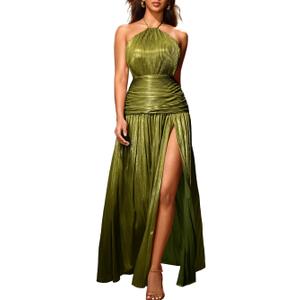 Kaei&Shi Metallic Pleated Dress,Halter Formal Cocktail Dresses with Slit,Sparkly Long Evening Gowns for Women (Green, XS)