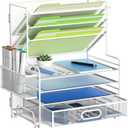 4-Tier Paper Organizer + 3-Pocket File Holder + Drawer + Pen Holders, Desktop File Organizers Paper Tray for Office Supplies School Classroom Organization (White, with Drawer & Pen Holder)