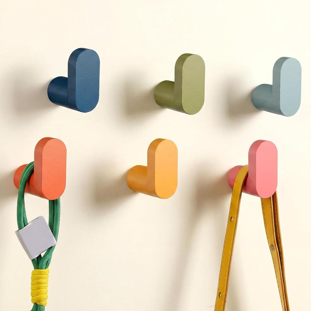 6 Pcs Wood Coat Hook Cute Kids Wall Hooks Colorful Wall Mounted Hangers Backpack Hook Rack for Hanging Hat Keys Clothes for Girl Classroom Home Kitchen Bathroom Playroom Nursery Decor(Small,Morandi)