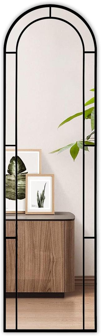 Muzilife Arched Full Length Window Mirror, 16x56 Windowpane Body Mirror with Metal Frame, Wall Mounted Hanging or Leaning for Door Bedroom, Living Room, Black, No Stand (Black Modern Style)