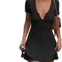 Women V Neck Button Down Knitted Short Dress, Elegant Short Sleeve Ribbed Flowy Hem A-Line Short Dress M