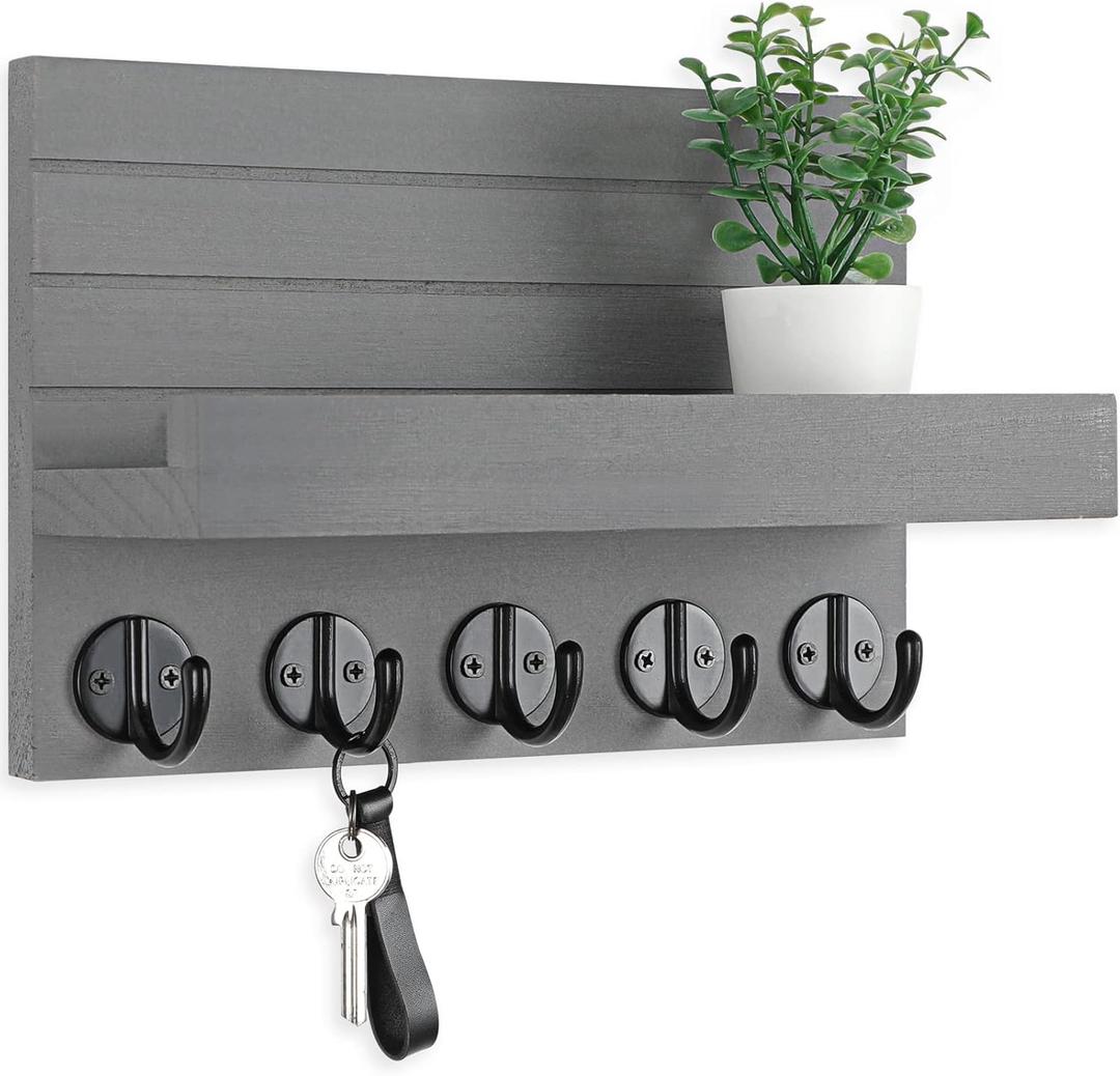 Key Holder for Wall, Decorative Key and Mail Holder with Shelf Has Large Key Hooks for Bags, Coats, Umbrella  Paulownia Wood Key Hanger with Mounting Hardware (9.8W x 6.7H x 4.2D) (Gray)