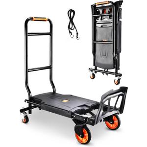 Folding Hand Truck，500lbs Capacity Heavy Duty Carrying Hand Cart，Ironton Steel Hand Truck with 4 Rotate Wheels，for Luggage, Moving, Shopping, Office,Travel Use(Orange)