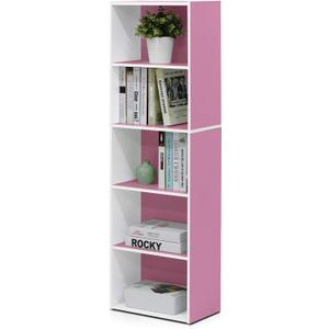 Furinno LUDER Book Shelf, 5-Cube Bookshelf, Bookcase with Open Shelf, 9.4 x 15.8 x 52, for Living Room, Bedroom, Home Office, White/Pink