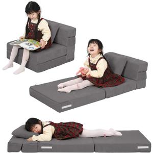MeMoreCool Folding Sofa Bed for Kids, Corduroy Fold Out Chair Bed Toddler Futon Chair, Small Foldable Floor Mattress for Girl Boy, Portable Children Couch Sleeper Sofa, Dark Grey