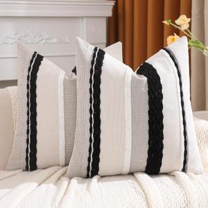 Tosleo Black and White Throw Pillow Covers 18 x 18 Set of 2 Striped Patterned Decorative Pillow Cases Accent Chenille Pillowcases Farmhouse Cushion Case Bohemian Nuetral Textured Tufted Pillow Cover