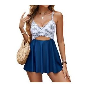 ZAFUL Women's Tankini Swimsuits Two Piece Swim Bathing Suit Tummy Control Modest Full Coverage Ruffle Sleeve Swimwear BLUE/WHITE  L
