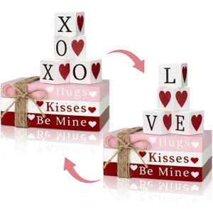 Thyle 7 Pcs Valentine's Day Decorations Wooden Valentine Table Centerpiece Reversible Double Sided Valentines Love Heart Wood Blocks Signs for Tabletop Home Shelf Party Tiered Tray Decor
