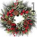 24 Inch Christmas Wreath, Xmas Wreath for Front Door with Hanger, Farmhouse Rattan Base Christmas Decor with Red Berry Pine Cone Spruce, Artificial Wreath Christmas Decorations for Indoor Outdoor Use
