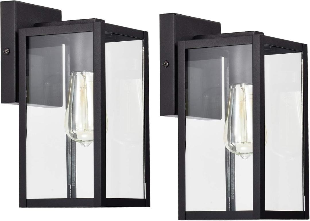 2 x MICSIU 2 Pack Outdoor Light Fixture, 11 Inch Modern Farmhouse Exterior Wall Sconce with Clear Glass, Textured Black Outside Porch Lights for House Garage Patio, E26 Base, ETL Listed