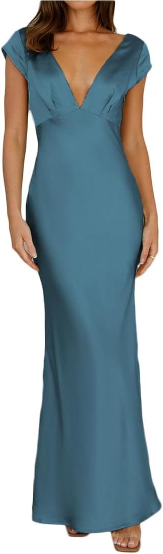 Halfisland Womens Summer Satin V Neck Cap Sleeve Backless Maxi Dress Elegant Twist Cut Out Midi Dresses Wedding Guest (Blue, XL)