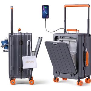 Carry On Luggage with Front Cover Compartment, Aluminium Frame Rolling Suitcase with USB Ports, Cup Holder, TSA Lock, Skate Wheels (GrayOrange, 21-Inch)