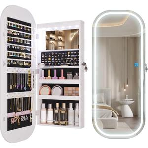 LVSOMT LED Lights Mirror Jewelry Cabinet, Wall Mount/Over the Door Jewelry Armoire Organizer, 42" Full Length Mirror with Storage, Built-in Makeup Mirror, Lockable Mirror Cabinet for Jewelry, White, White, Oval Mirror with Light