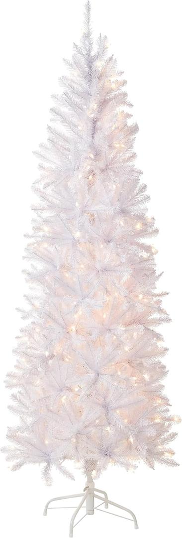 National Tree Company 7 ft Pre-Lit Kingswood Fir Slim Artificial Christmas Tree, 300 Clear Lights, 892 Tips, Includes Stand, White