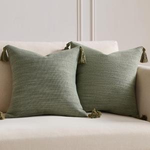 Meekio Set of 2 Sage Green Pillow Covers 18 x 18 inches Neutral Pillow Covers Textured Throw Pillow Covers with Tassels for Neutral Home Decor