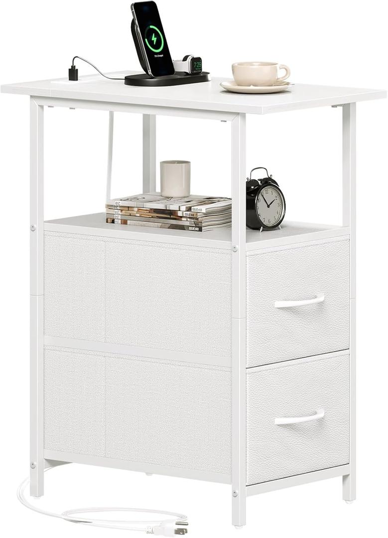 Somdot End Table with Charging Station,Narrow Side Table with 2 Fabric Drawers,Skinny Nightstand with Storage,Small Slim Bedside Table for Living Room,Sofa,Bedroom,Couch,White Leather