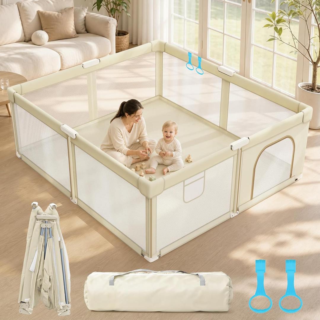 Foldable Baby Playpen, 79x71 Inch Extra Large Collapsible Play Yard, Beige