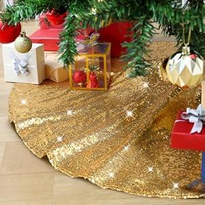 Gold Christmas Tree Skirt 36 inch Small Tree Skirt 4ft Sequin Tree Skirt for Gold Christmas Decorations