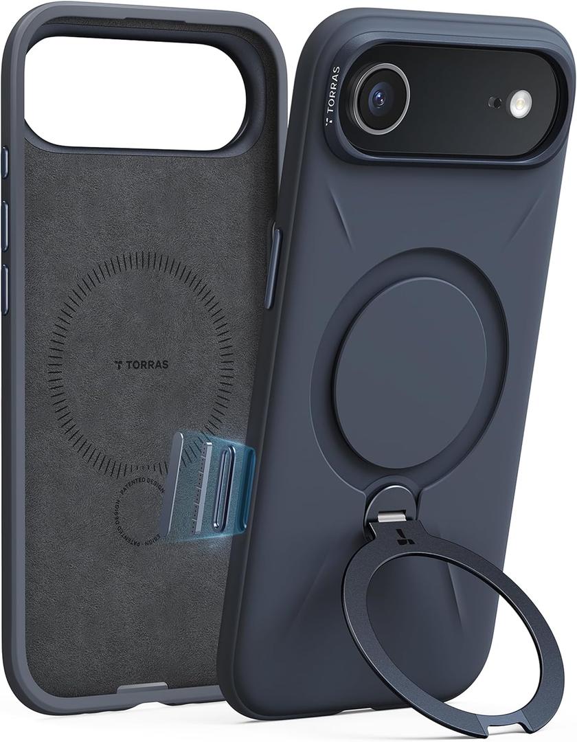 TORRAS Q3 Silicone 360 Spin for iPhone Air Case with Stand, Fit for MagSafe, Magnetic Ring Kickstand with Camera Control, Liquid Silicone Rubber Soft Phone Case for iPhone 17 Air 6.5'', Deep Blue