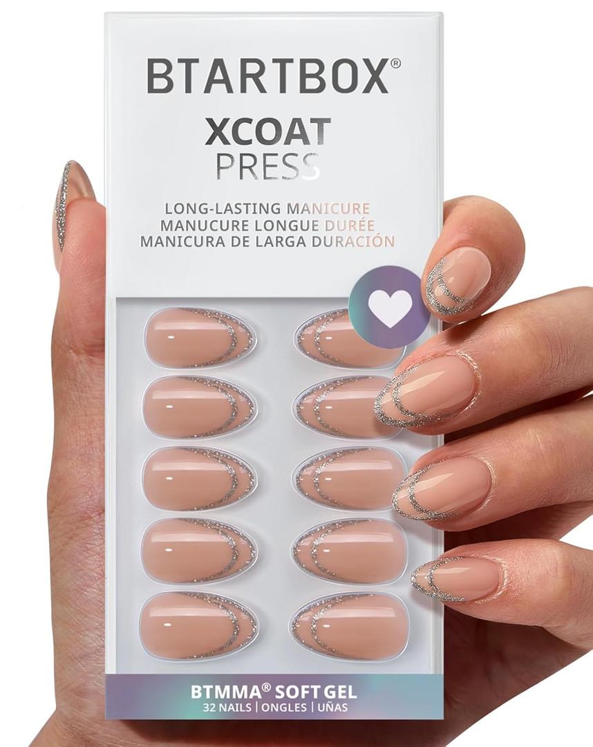 BTArtbox French Tip Press On Nails - Sliver Bells, Lamp-Curable Short Almond Press On Nails with Glue and Adhesive Tabs for Women in 16 Sizes - 32 Soft Gel Glue On Nails Kit