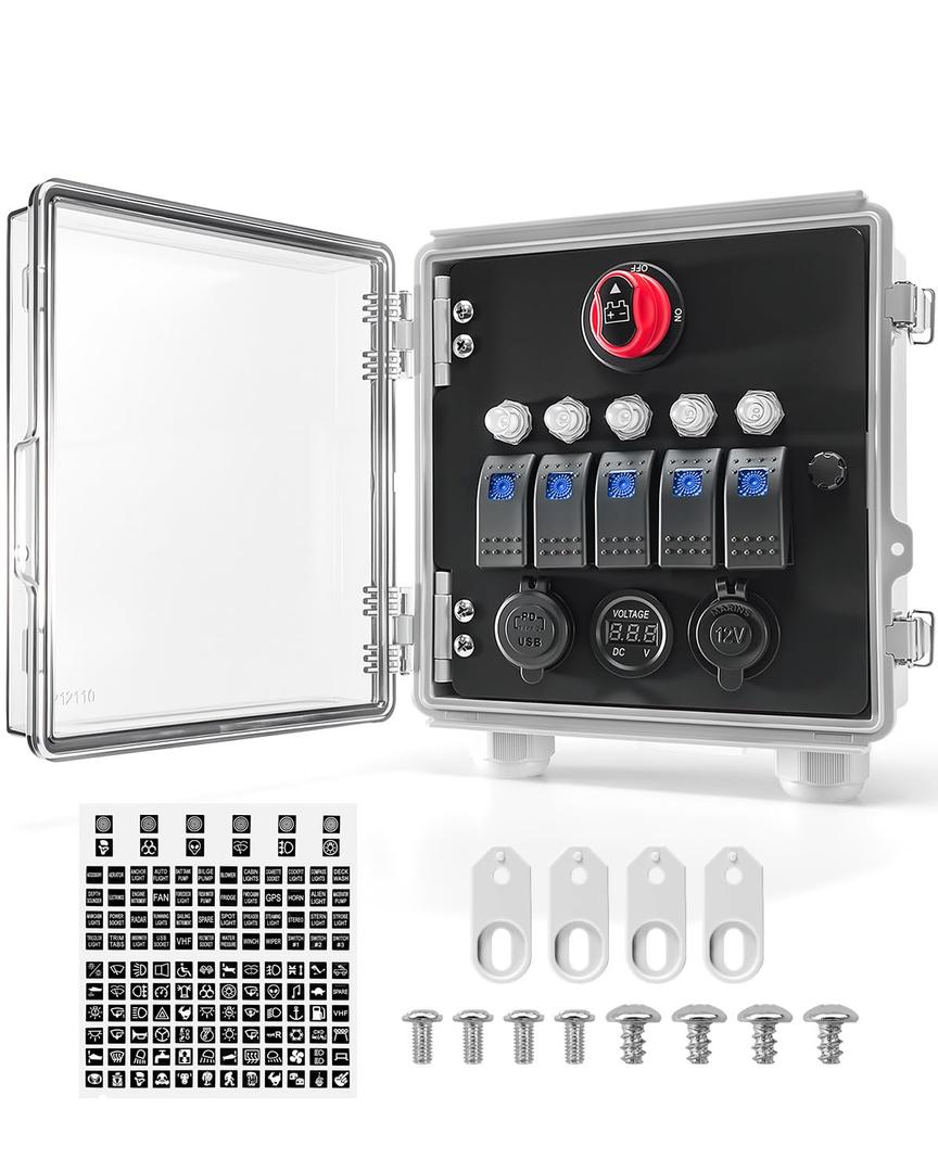 5 Gang Rocker Switch Box, Waterproof Pre-Wired Switch Panel with Circuit Breakers, USB PD Charger, Cigarette Lighter & Voltage Display for 12V Marine ATV UTV Truck RV