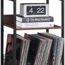 LELELINKY 3 Tier End Table,Record Player Stand with Storage Up to 100 Albums,Turntable Stand for Vinyl,Brown Records Shelf for Living Room Bedroom, Medium, Walnut