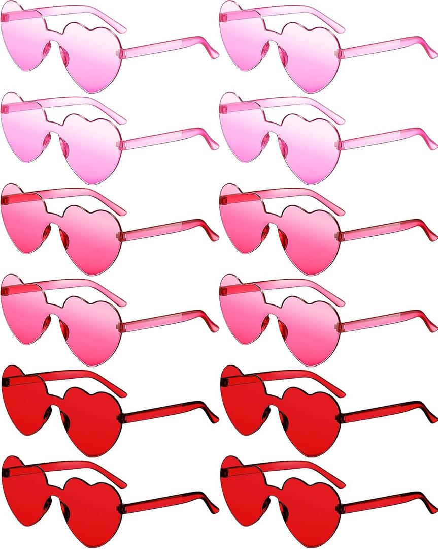 Photect 12 Pair Valentine's Day Pink Red Heart Sunglasses Bulk Rimless Candy Color Glasses for Women Men Party Favor Birthday