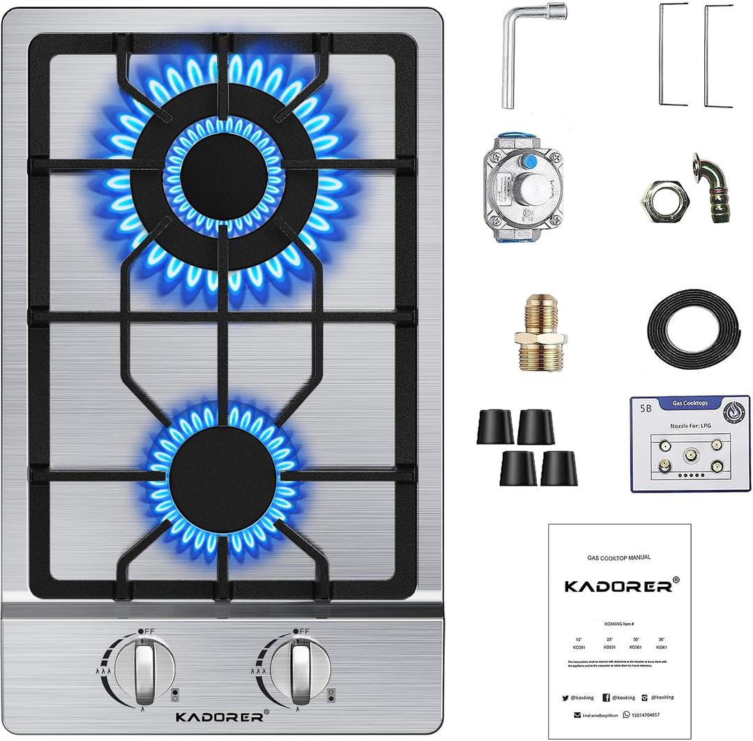 12 inch Gas Cooktop, Bulit-in Gas Stove Top with 2 Burner, NG/LPG Convertible Cooktops, Dual Burner Propane Cooktop with Thermocouple Protection, Stainless Steel