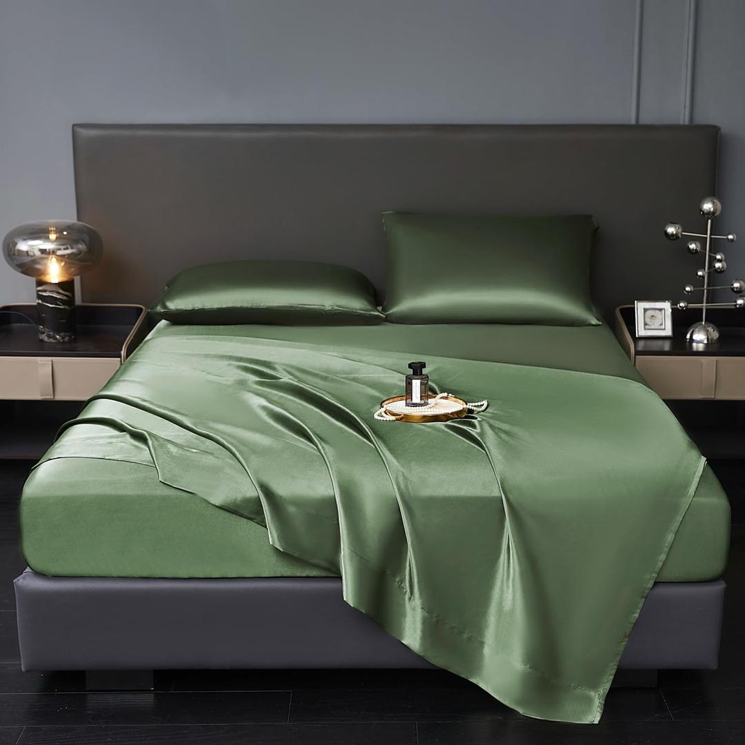 Revdomfly 4 Pcs Queen Size Luxury Silky Soft Olive Green Satin Sheet Set,1 Premium Moisture Wicking Fitted Sheet Fits Up to 16 Inches Deep Pocket + 1 Flat Sheet + 2 PillowcasesOlive Green, Queen