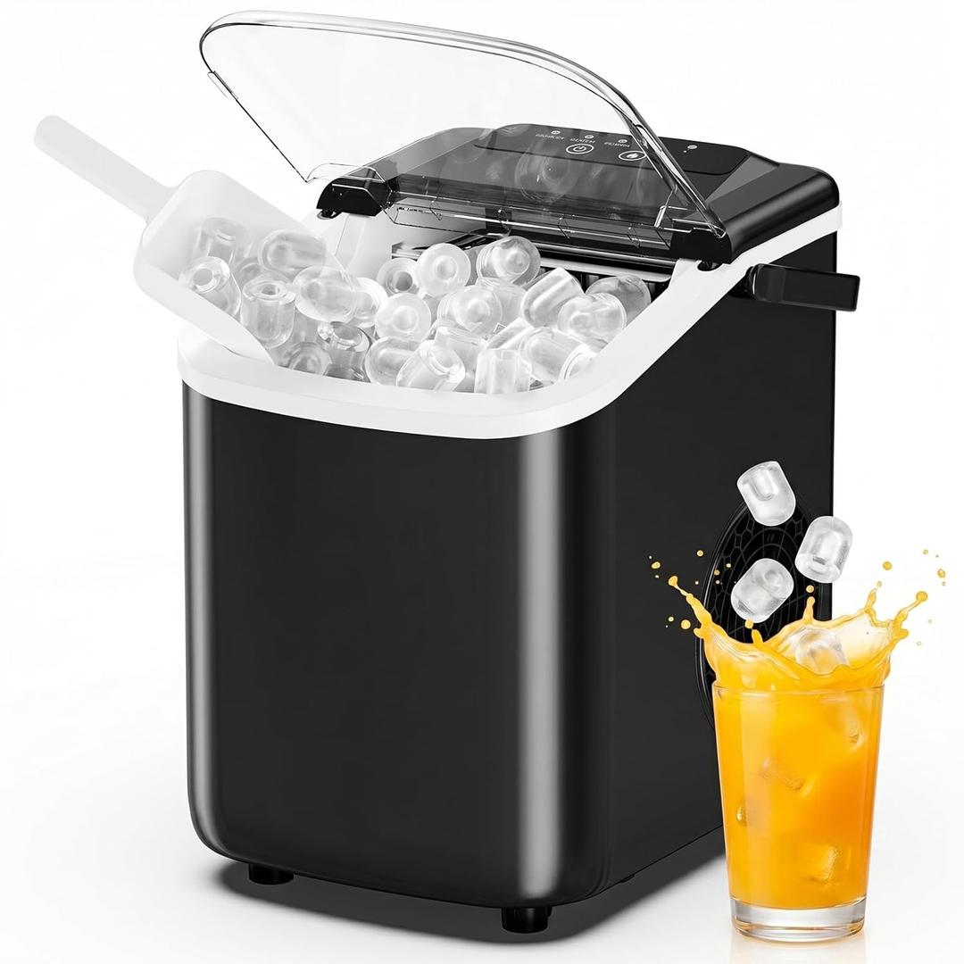 DUMOS Ice Maker Countertop, Ice Machine with Portable Handle, Basket and Scoop, 26lbs Daily, 9 Bullet Cubes in 6~8 Mins, Auto-Cleaning for Home, Kitchen, Office, Outdoors, RV Camping