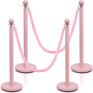 Ferraycle 4 Pcs Stainless Steel Stanchions Post Queue 38 Inch, 5 ft Velvet Carpet Ropes and Pole, Control Barriers for Wedding Birthday Party Decoration Sand Injection Hollow Base Set (Gray Pink)