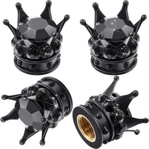 4 Pieces Crown Tire Valve Stem Caps Bling Handmade Crystal Rhinestone Universal Chrome Crown Vehicle Car Tire Caps Covers, Attractive Accessories for Car (Black)