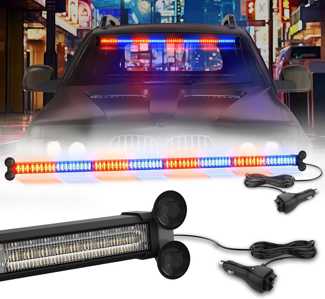 WINECO Traffic Advisor Lights Bar 128 LED Strobe Light Emergency Hazard Safety Warning Flashing Light Front Rear Windshield w/Digital Controller for Firefighter Police Truck Vehicle, 35inch, Red/Blue