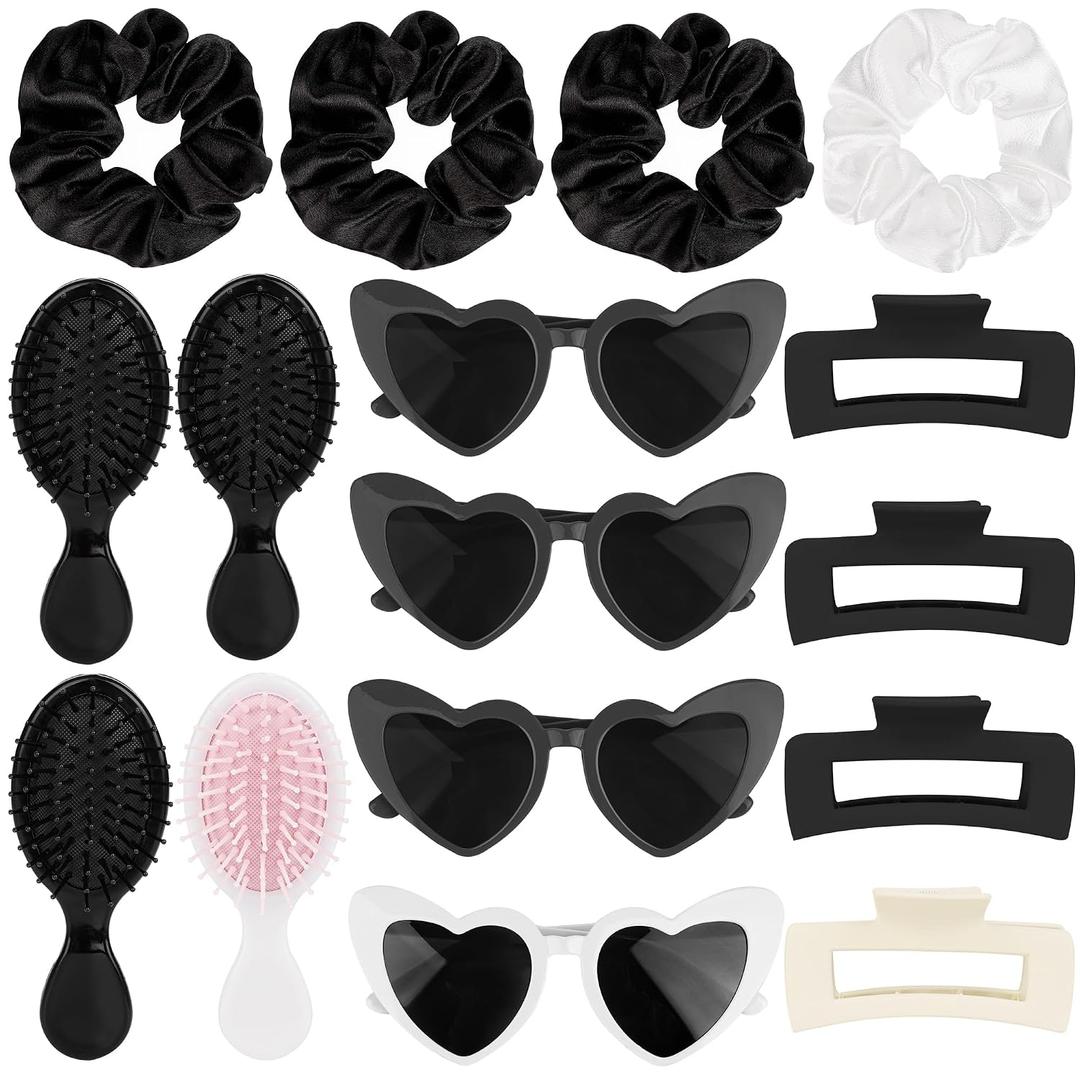 Elcoho 16 Pieces Bridesmaid Scrunchies Proposal Gifts Scrunchies Hair Claws Bachelorette Hair Clip Heart-shaped Sunglasses Combs Girls Gift for Bachelorette Wedding Party Favors, Black+White