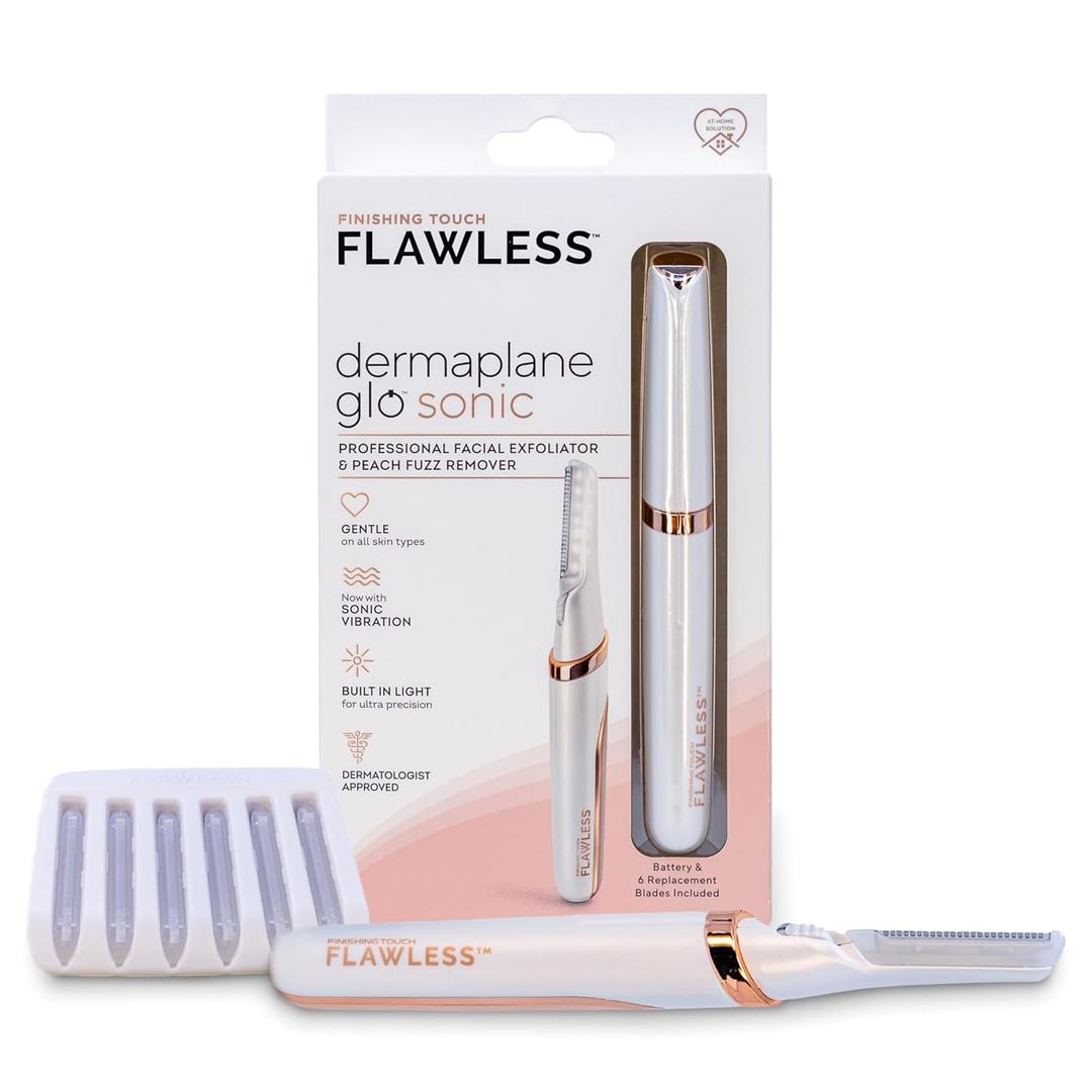 Finishing Touch Flawless Dermaplane Glo Sonic Lighted Facial Exfoliator, Electric Vibrating Dermaplane Razor for Dermaplaning, Facial Hair Removal, 6 Replacement Heads (1 Count (Pack of 1))