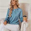 Bluetime Silk Blouses for Women Dressy Work Satin Dress Shirts Pleated Long Sleeve Business Casual Tops Fall Outfits (Blue, L)