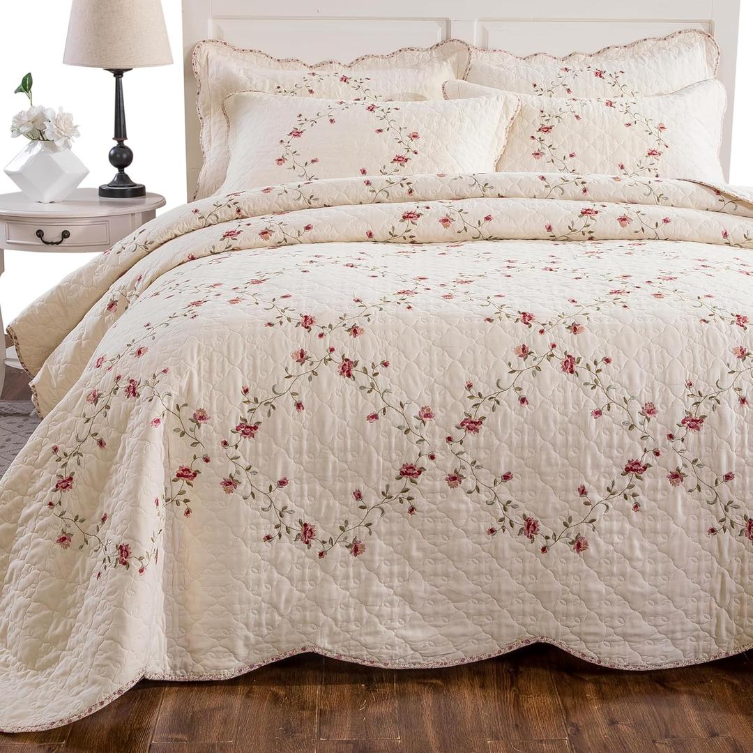 Quilt Set Floral Leaves 3D Embroidery Pattern 3 PCS Cotton Reversible Quilted Embroidered Decorative Bedspreads Coverlet Set, Lightweight &Soft Queen Size Beige Bedding Coverlet for All Season