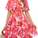 BTFBM Women Summer Floral Short Dresses V Neck Short Sleeve Tiered Ruffle Boho Swing Dress A-Line Mini Dresses(Floral Rose Red, Large)