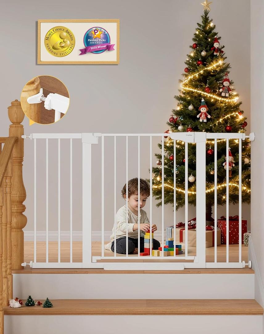 Cumbor 29.7"51.5" Extra Wide Baby Gate for Stairs, Pressure-Mounted Dog Gates for Doorways & Hallways, Auto-Close Walk-Through, No-Trip Design, Child Proof Safety, Dog/Pet Gate for Indoor Use, White