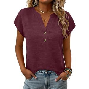 ANRABESS Womens Tops Dressy Casual Cap Sleeve Summer Tunic Blouses Textured V Neck Henley Shirts 2026 Work Business Outfits (XXL)