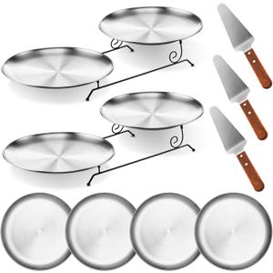 Domensi 9 Pcs Pizza Pan Riser Stands Sets Includes 2 Pcs Tiered Tray Stand 4 Stainless Steel Pizza Pan and 4 Wood Handle Knife for Home, Restaurant Party(Silver)