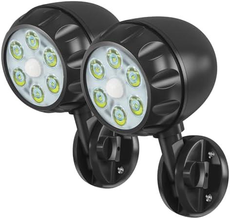 Sunenvoy Motion Sensor Battery Powered Outdoor Light,IP65 Waterproof Spotlight,6 LED Motion Detecting Light,360° Adjustable Floodlight for House Walls Garage Yard Porch and Stairs,Black (2 Pack)