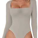 QINSEN Women's Sexy Square Neck Bodysuit Long Sleeve Double Lined Shirt Tops (Medium, Quiet Gray)